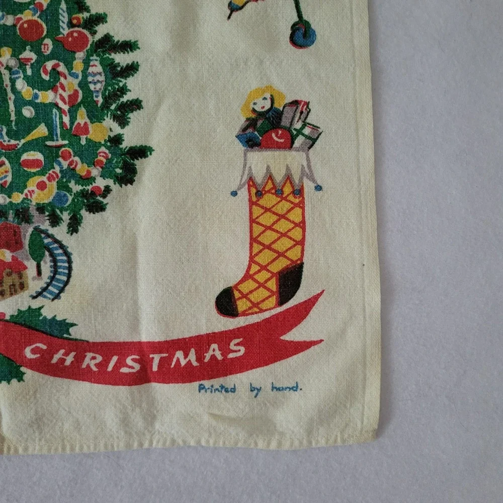 Vintage Hand Printed Linen Christmas Tea Towel Mid Century Retro Holiday Decor